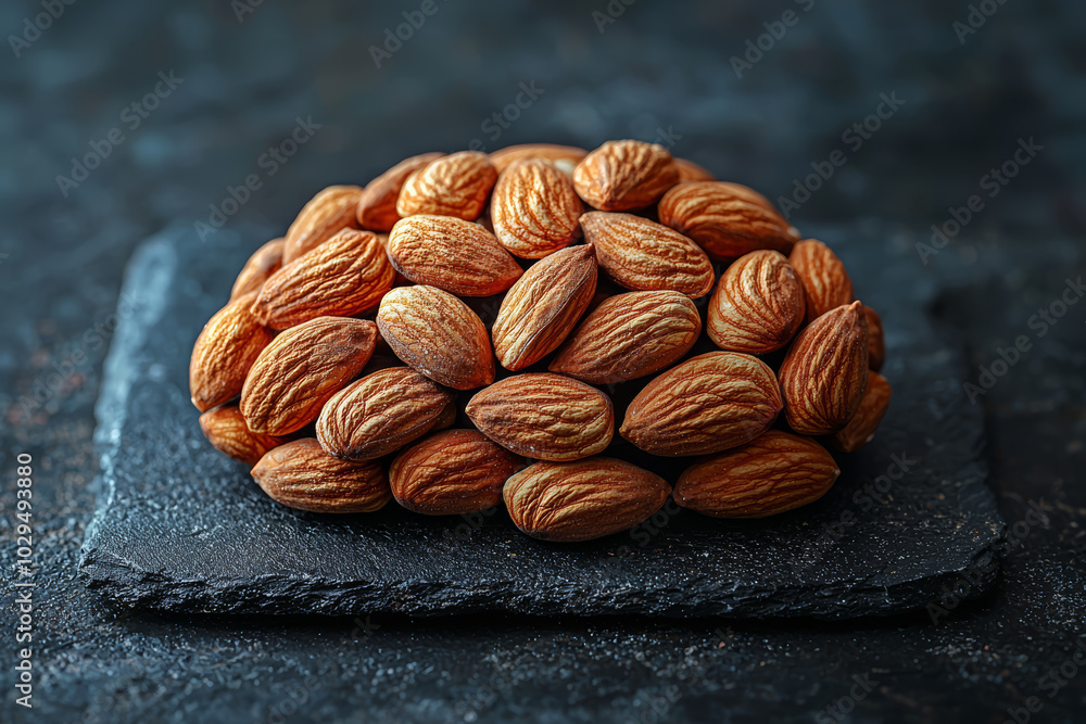 Poster a brain made of almonds, symbolizing the role of nuts in cognitive function and memory. concept of b