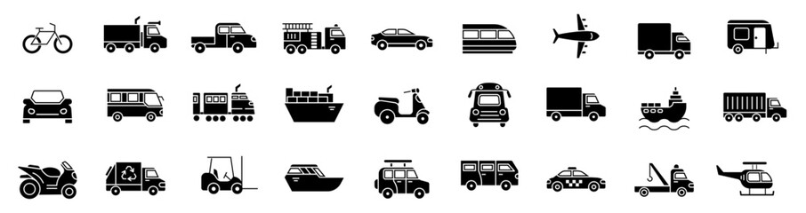 Transport and delivery related icons. Solid black color vector icon set, black and white kit. Car and Bus pictogram.