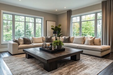 Fototapeta premium modern living room decor, rustic coffee table in a calm living room, lit softly, with a cozy rug and modern gray decor, leaving room for text