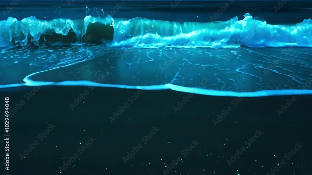 Poster the dark night sky glows with blue bioluminescent phytoplankton, lighting up crashing waves on the s