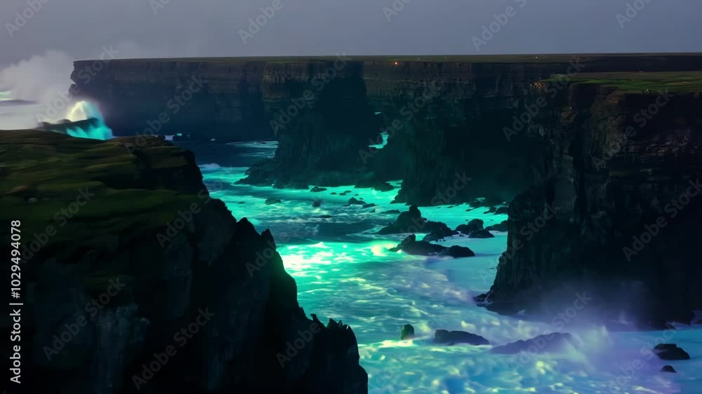 Poster turquoise waves are crashing against dramatic cliffs at twilight, creating a captivating scene of co