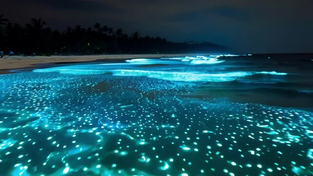 Mesmerizing bioluminescent phytoplankton light up a tropical beach at night, with majestic palm trees swaying in the background