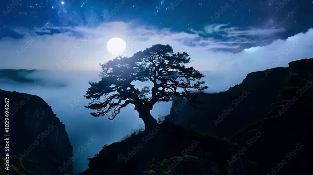 Poster lone tree silhouetted against a night sky with a full moon and stars, perched on a mountain cliff wi