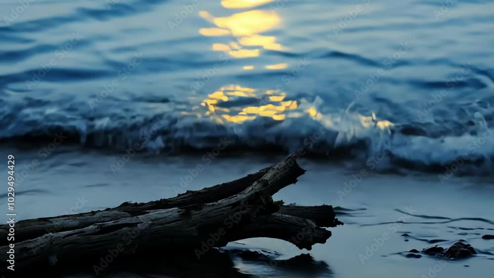 Poster Driftwood lies on the beach as waves crash in the background and the sun sets over the horizon, casting an ethereal glow on the scene