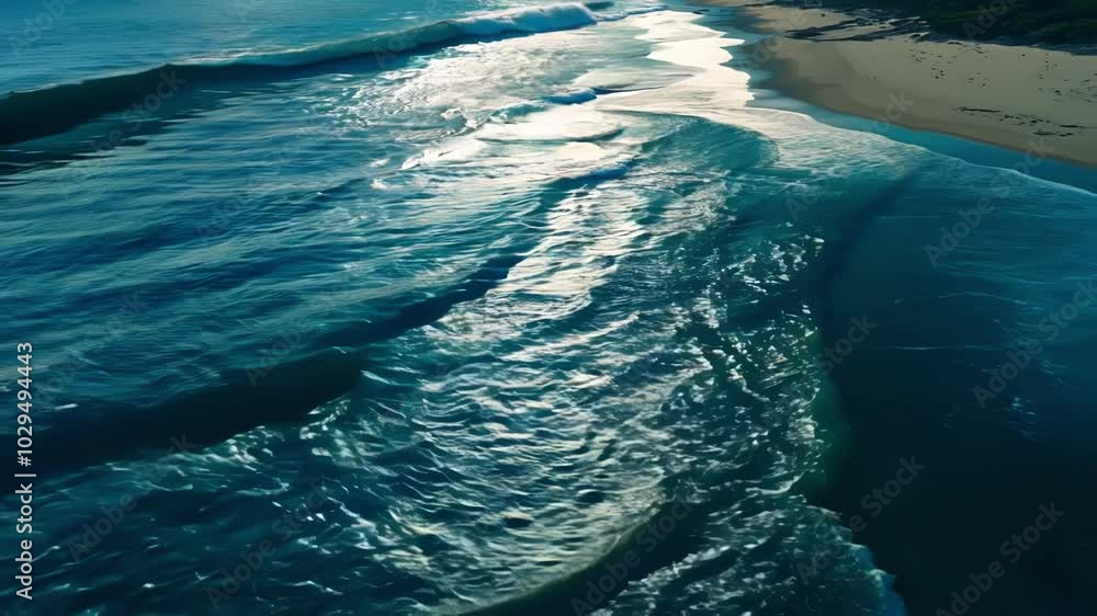 Poster Aerial view of turquoise waves gently crashing on a sandy beach shore, creating a mesmerizing display of nature's beauty and power