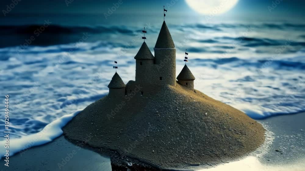 Poster Moonlit beach scene with a glowing sandcastle and gentle waves crashing, creating a serene and tranquil setting perfect for a summer getaway