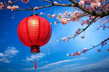 Red paper lantern on a tree branch with sakura blossoms and bright blue sky
