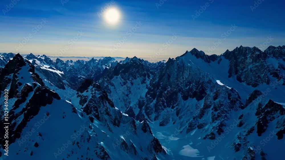 Poster The sun is shining over a vast mountain range covered with snow and ice, creating a breathtaking view of the alpine landscape
