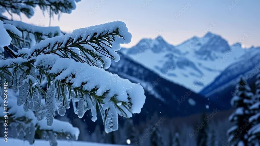 Poster close up of a snow covered pine tree branch with icicles, glistening in the light with a soft focus 