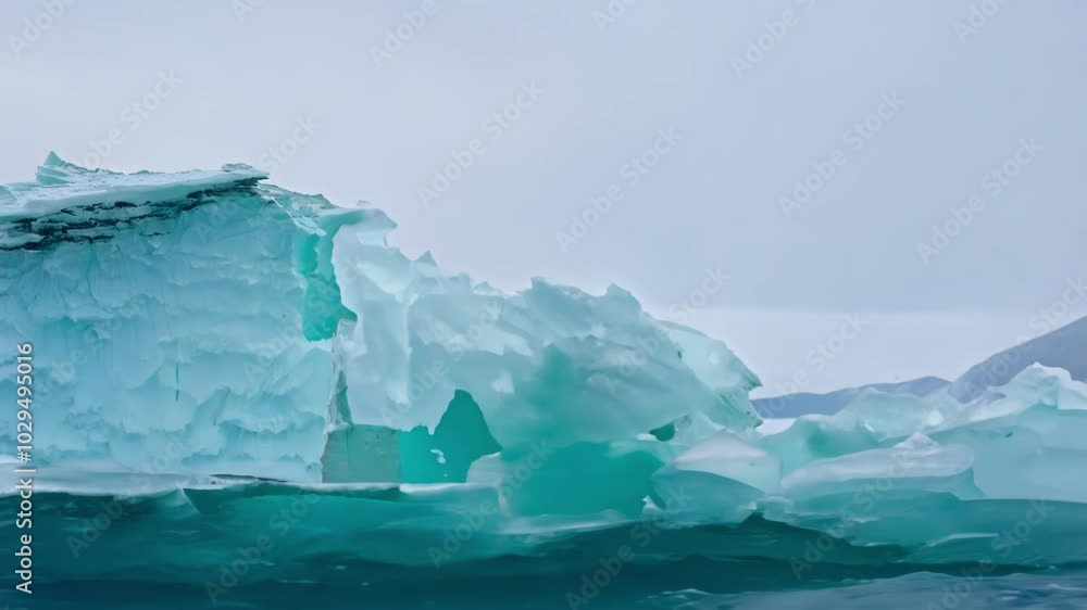 Poster turquoise blue iceberg floating in the ocean with a dramatic sky in the background. the massive ice 