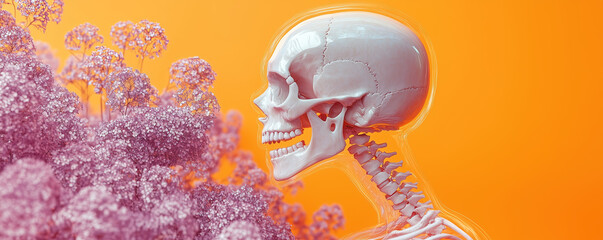 Naklejka premium Transparent glossy spooky skeleton adorned purple flowers in orange background. Halloween decor with macabre and beauty, celebration and artistic interpretation of death, banner with copy space
