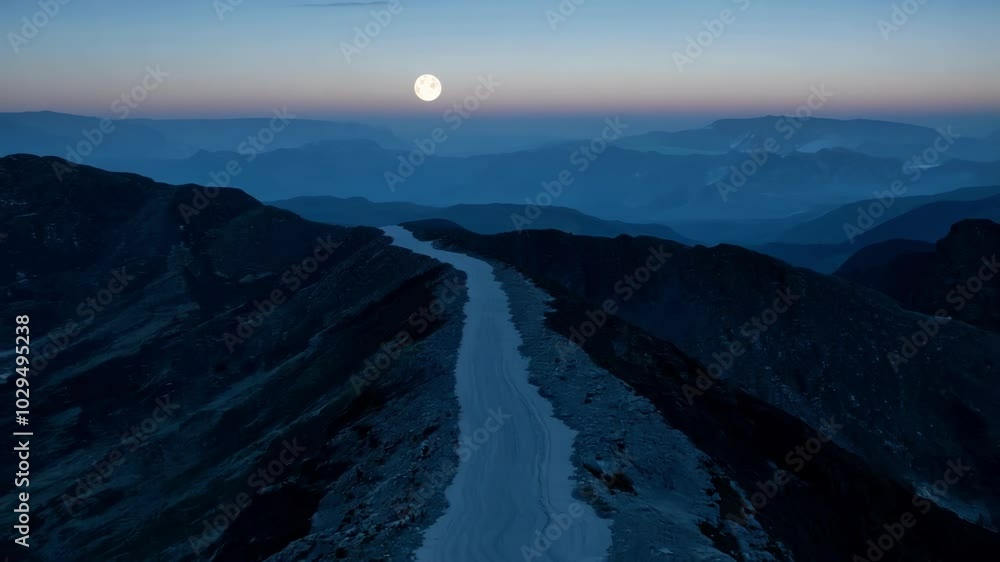 Poster Winding mountain road illuminated by a full moon above a shadowy range, creating a mesmerizing scene in the tranquil night