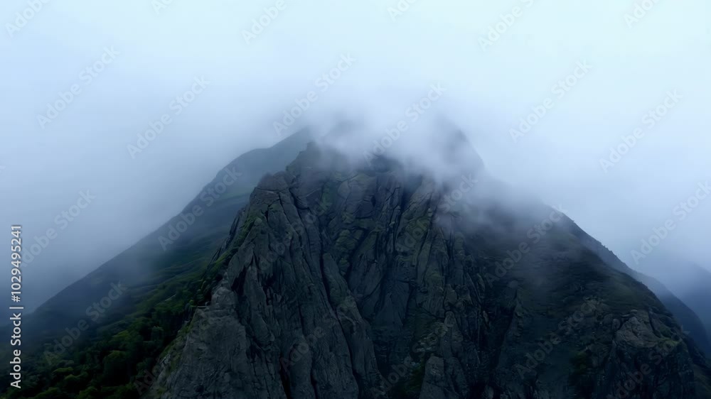 Aufkleber breathtaking view of a rugged mountain peak partially shrouded in ethereal fog and mist, creating a 