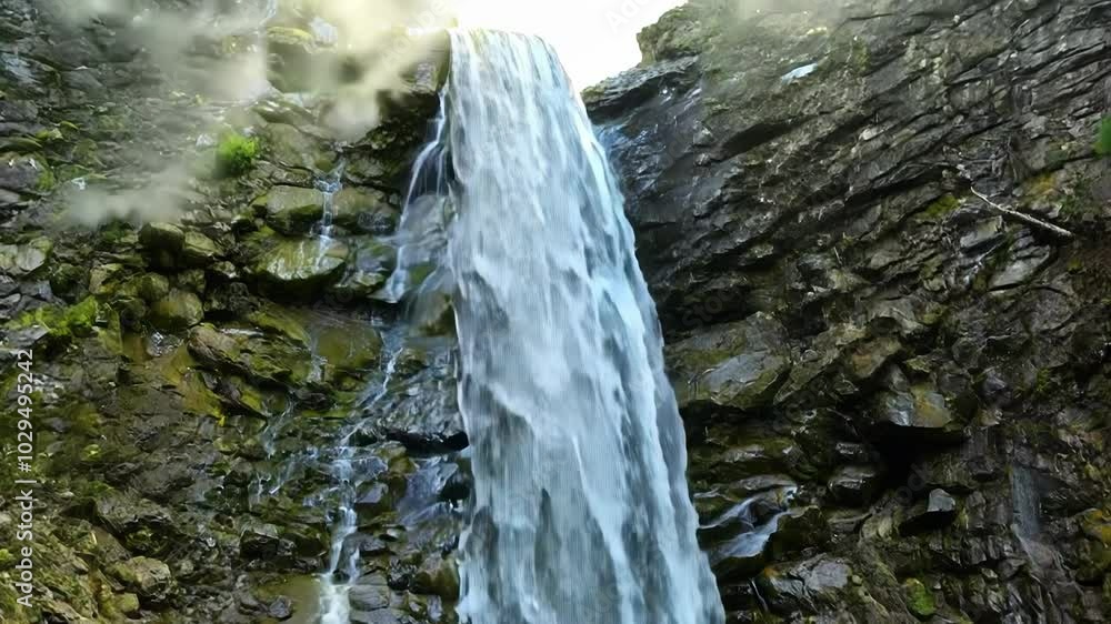Poster water gently cascades over smooth rocks, creating a mesmerizing waterfall surrounded by lush, moss c