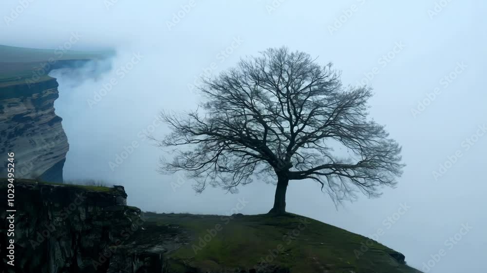 Poster lonely tree stands tall on a misty mountain cliff, surrounded by swirling fog and dramatic clouds, c