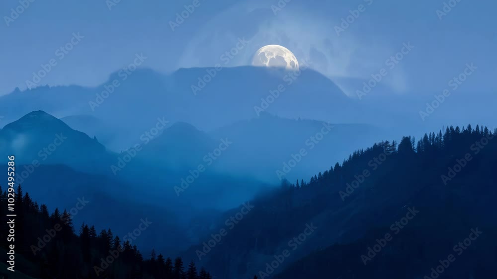Poster breathtaking view of a valley filled with fog with a giant moon rising over silhouetted mountains. t