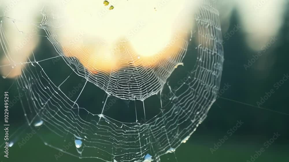 Poster spider web is glistening in the rising sun with small dew drops clinging to its delicate threads. th