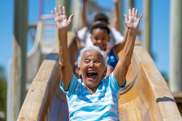 Joyful Elderly Woman Enjoying a Playground Slide