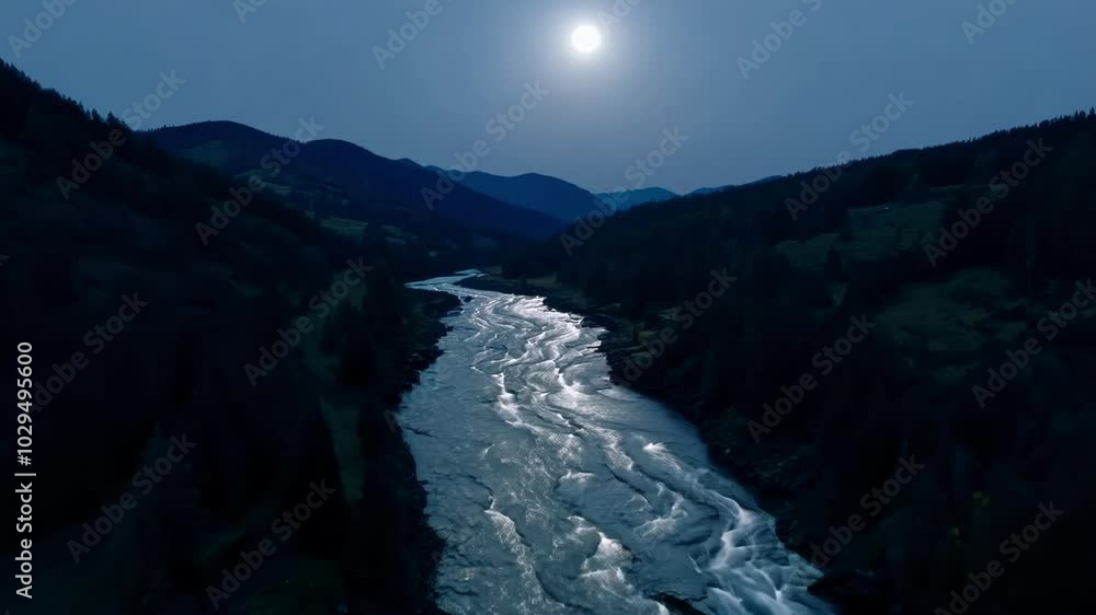Poster tranquil river flows through a lush valley towards a majestic mountain range, illuminated by the moo