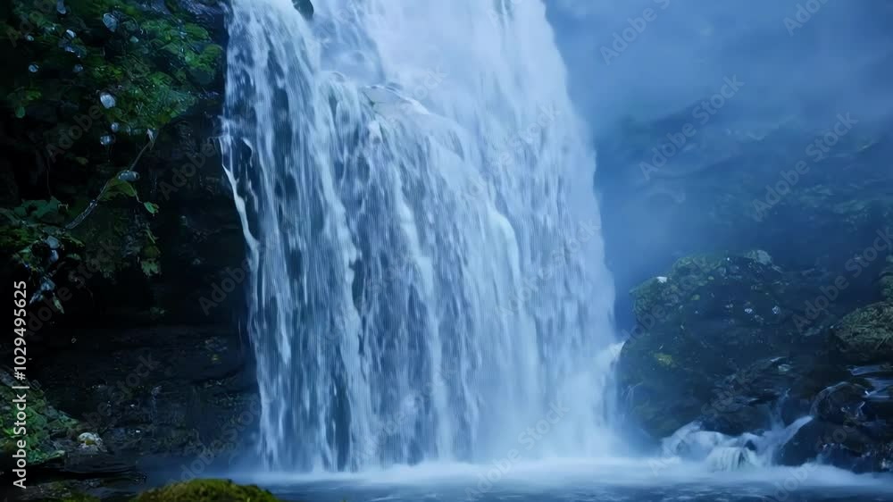 Poster water cascading down a lush cliff, blending into a tranquil forest. moss covered rocks create a peac