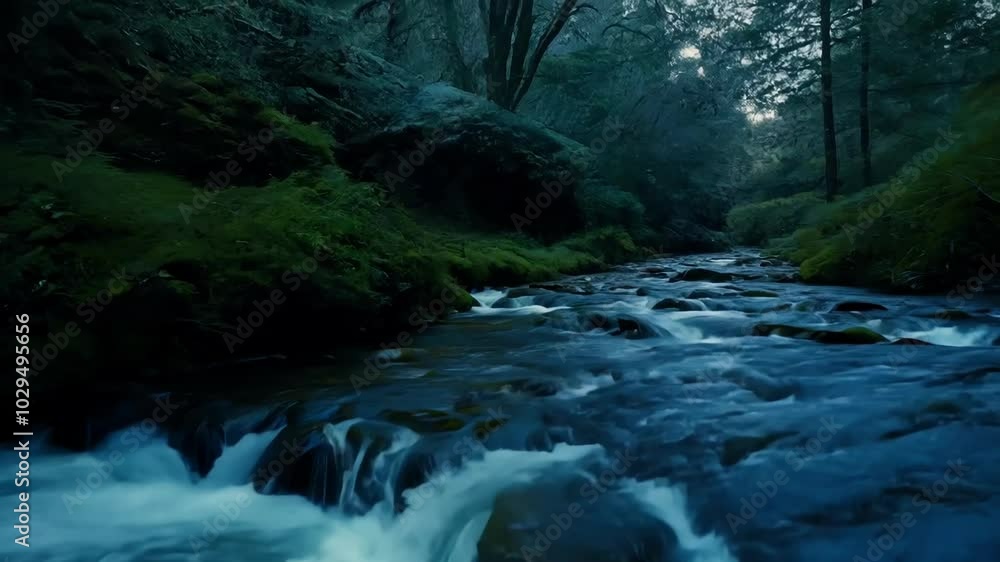 Poster tranquil forest river flows gently over moss covered rocks at twilight, creating a serene and peacef
