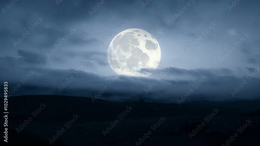 Poster bright full moon is rising over a dark and desolate landscape, with clouds swirling around it. the s