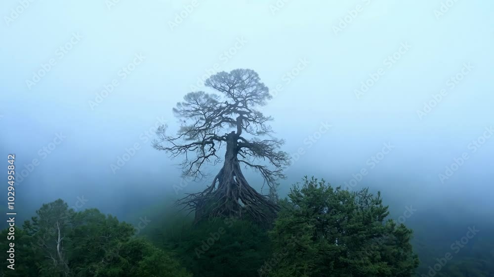 Poster Majestic tree with exposed roots is standing in a foggy forest, creating a mystical and ethereal atmosphere. The fog adds a sense of mystery and tranquility to the scene
