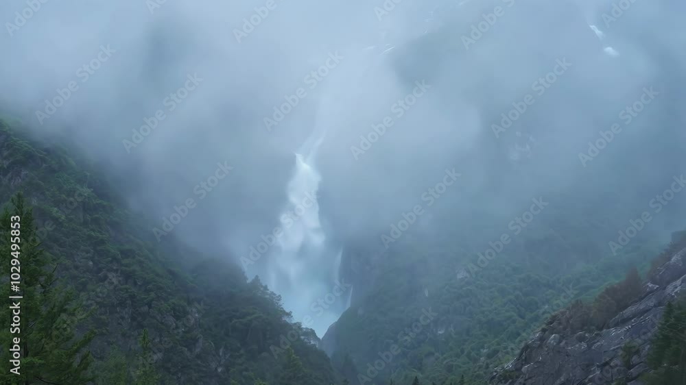 Poster majestic scenery of powerful waterfalls plunging down mountain peaks through clouds, creating a sens