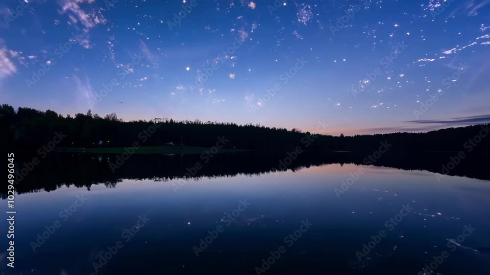 Poster the twilight after sunset is reflecting on the surface of a calm lake with many stars shining in the