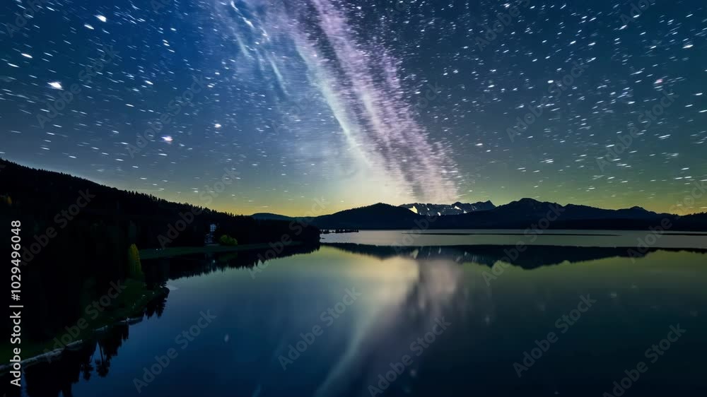 Poster the milky way galaxy is reflecting in a lake surrounded by mountains, creating a truly stunning and 