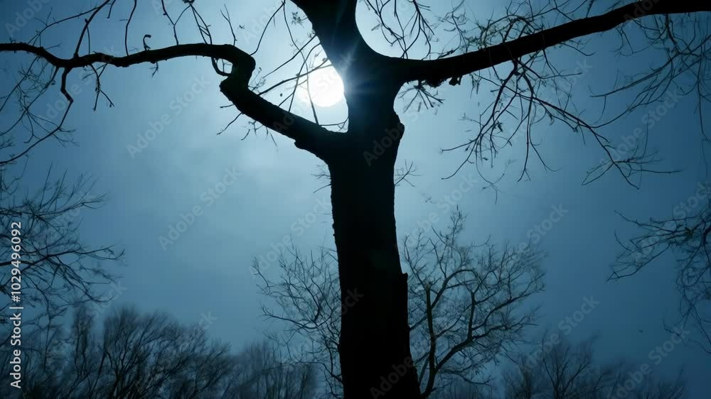 Poster bare trees silhouetted against twilight sky create eerie, mysterious vibe perfect for halloween. dar
