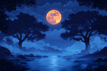 Mysterious enchanting landscape, river illuminated by moonlight on full moon. Mysterious trees grow along riverbank, mystical atmosphere. Background, banner or backdrop for Halloween, enigmatic themes
