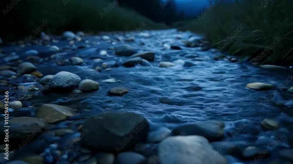 Poster Tranquil evening river flowing around rocks in the mountains, with calming twilight hues creating a serene atmosphere for finding zen outdoors