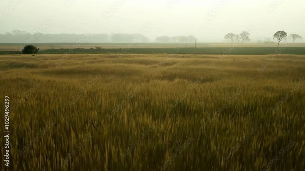 Poster golden wheat field swaying in wind on misty morning, creating peaceful, serene atmosphere with hazy 