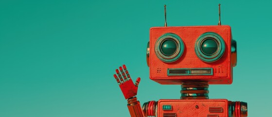 Fototapeta premium A colorful, retro robot with expressive eyes, waving against a clear turquoise background.