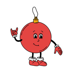 Groovy line vector Christmas glass ball. Hand drawn character in trendy retro style. Merry Christmas and Happy New year