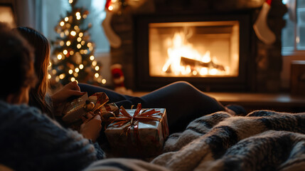 A couple sitting by the fireplace wrapping gifts on Christmas Eve with festive paper and ribbons surrounded by cozy blankets.