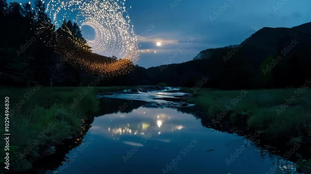 Poster stream is flowing through a countryside landscape at dusk with a mysterious swirl of light particles