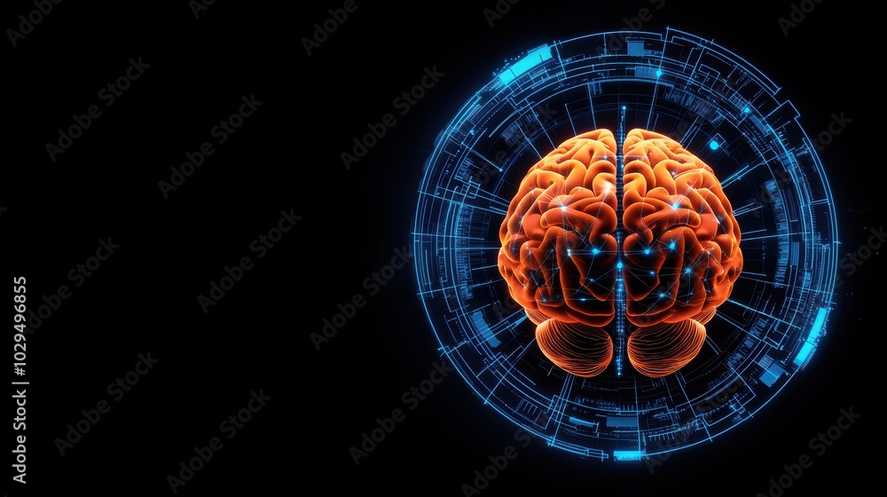 Poster a digital representation of a brain surrounded by futuristic technology and glowing patterns on a da