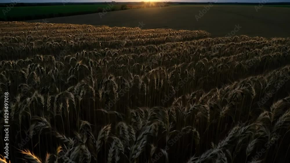 Poster the golden hour sunlight illuminating rows of wheat in a vast field at sunset, capturing the essence