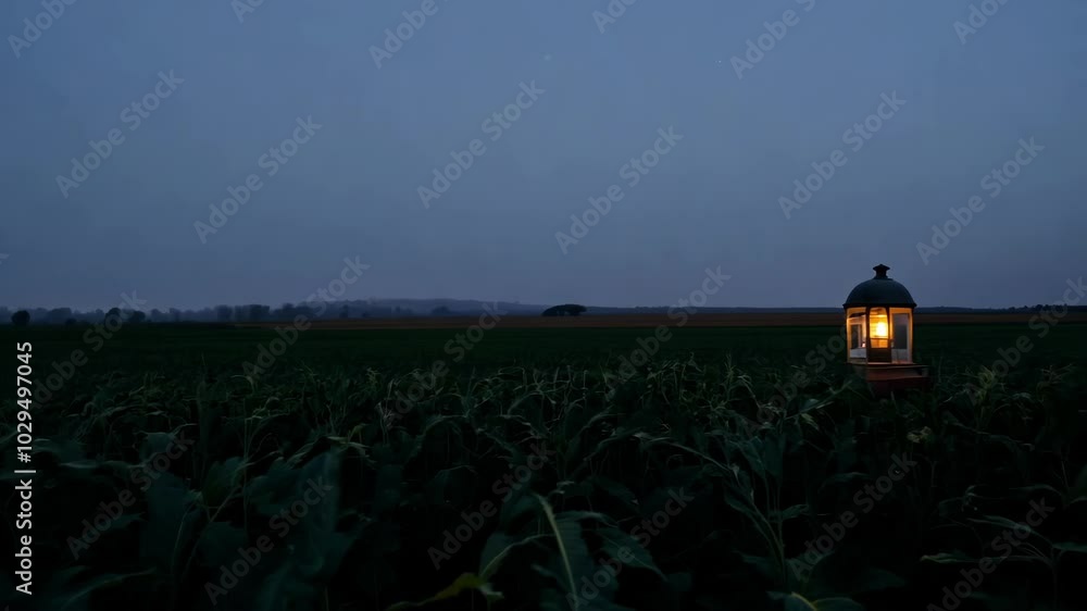 Poster lantern is casting a warm glow on a cornfield, creating a peaceful and serene atmosphere as the sun 
