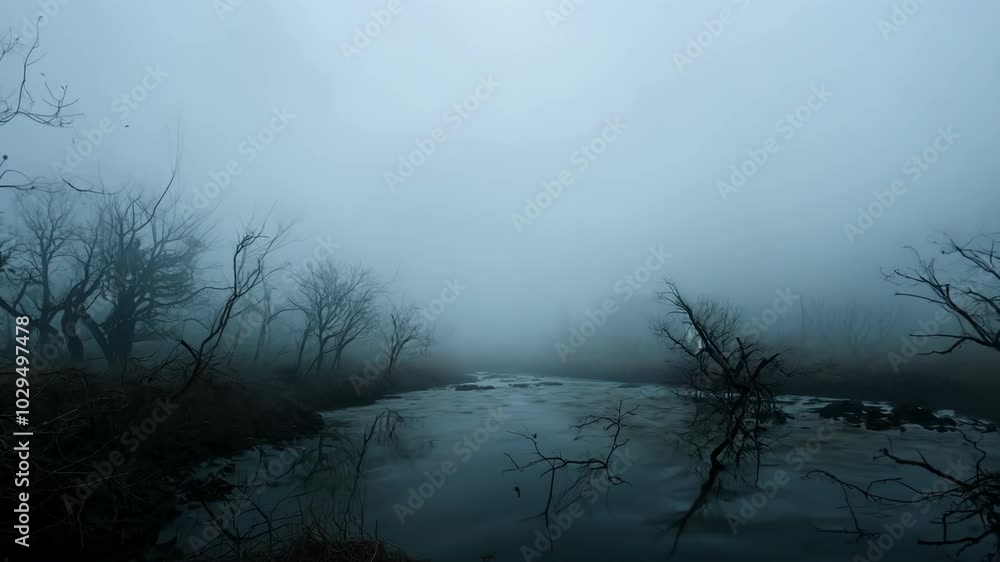 Aufkleber River flows through a dark and gloomy forest with fog hanging in the air, creating a spooky and mysterious atmosphere