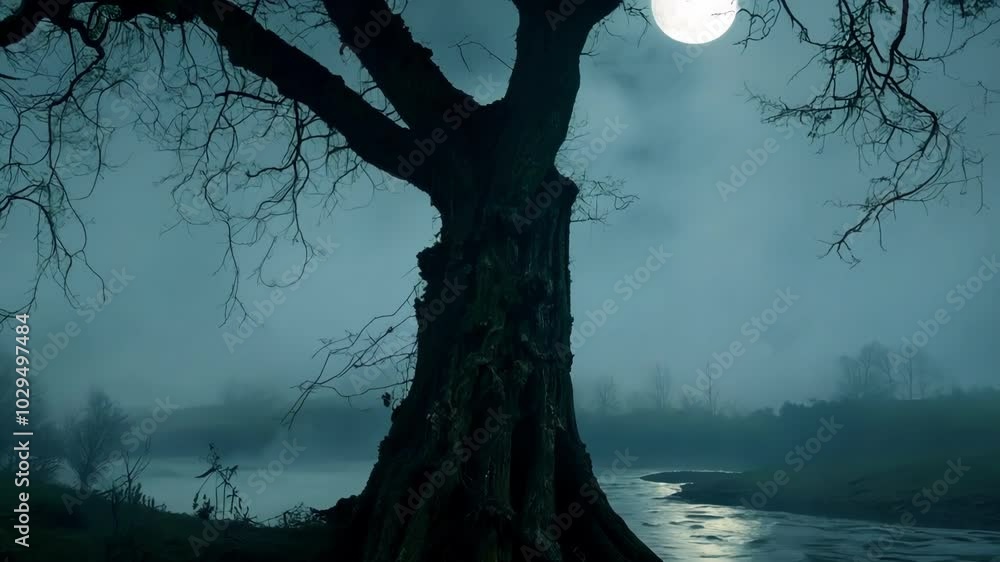 Poster gnarled, old tree with exposed roots stands on the bank of a river, shrouded in fog, creating a spoo