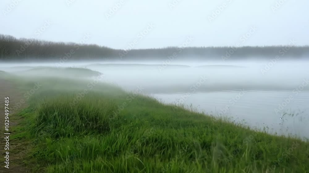 Poster tranquil morning with misty fog enveloping the river and lush green grass thriving along the serene 