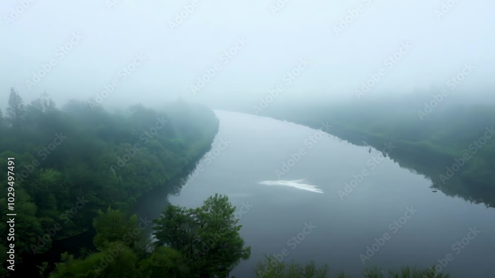 Poster misty river winds through a lush forest in a serene morning, creating a mysterious and tranquil atmo