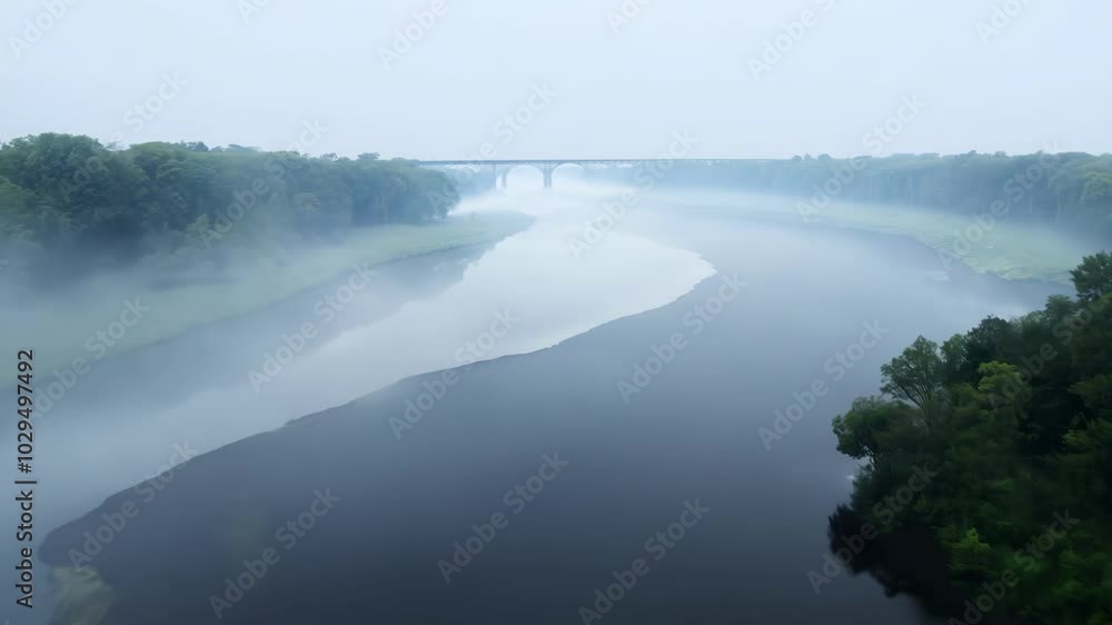 Poster Dense fog is hovering over a river with a bridge in the distance and lush green trees lining the banks on a foggy summer morning