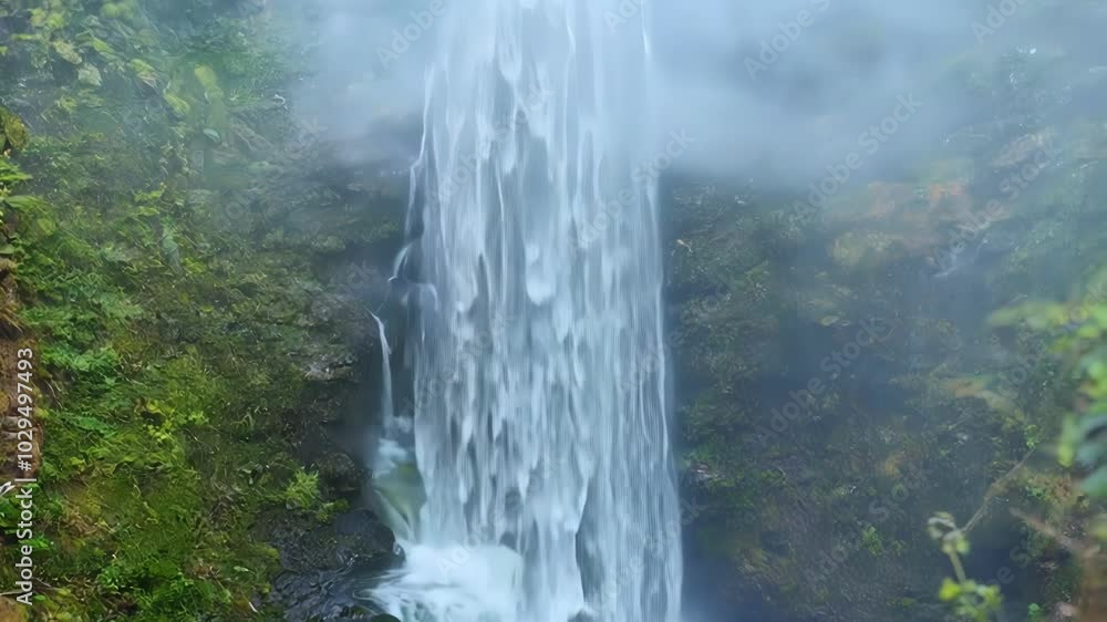 Poster water is cascading down a rocky cliff face covered in vibrant green moss, creating a powerful waterf