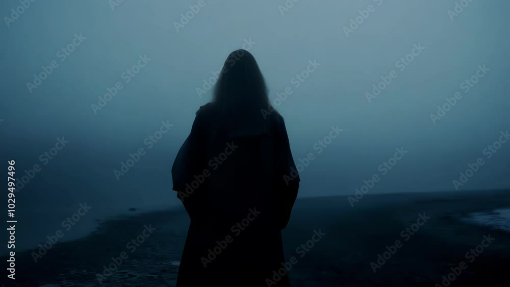 Poster Woman walks along a misty coast at twilight, surrounded by fog and solitude. The eerie atmosphere evokes calm and tranquility in the serene setting