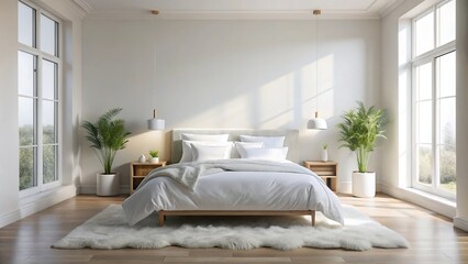 Pristine white bed with fluffy duvet and crisp pillows in soft natural light streaming through window