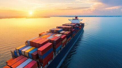 Naklejka premium A large cargo ship sailing on calm waters during a vibrant sunset, showcasing colorful shipping containers.